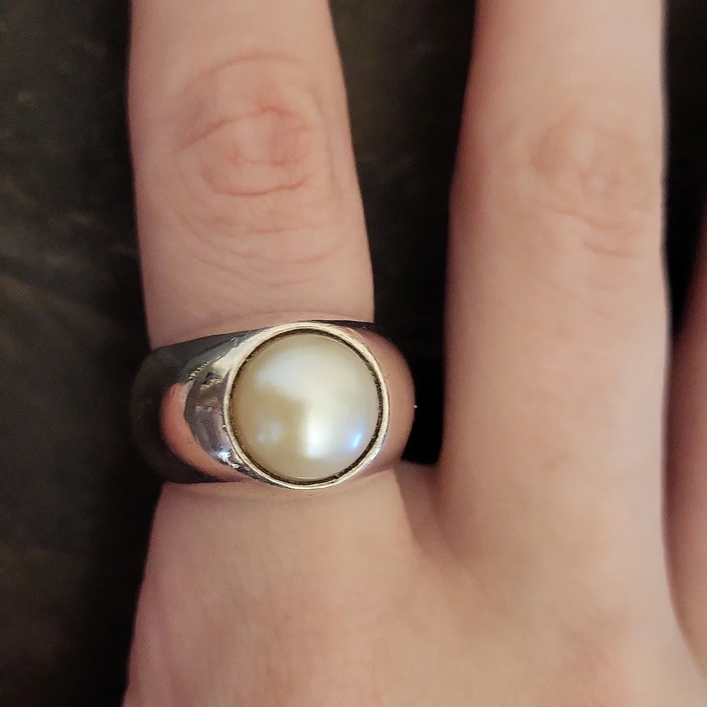 Solid Sterling Silver Cultured Pearl Gypsy Mounted Ring